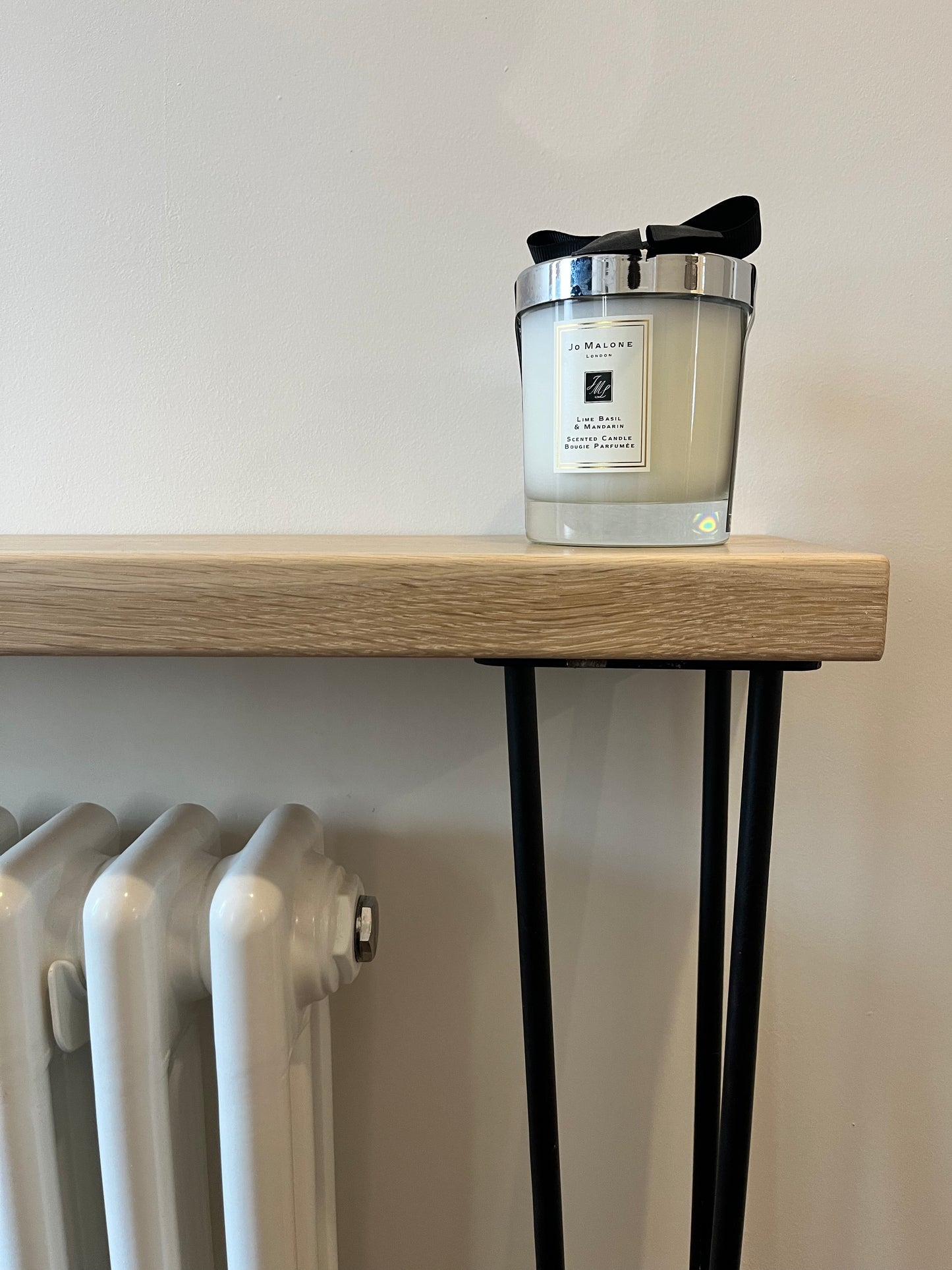 Solid Oak Console Radiator Table with Black Hairpin Legs