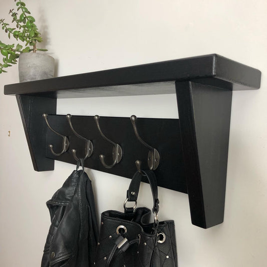 Black Coat Hook Shelf - Strong Wooden Shelf with Solid Cast Iron Hooks- Entryway/Hallway/Kitchen