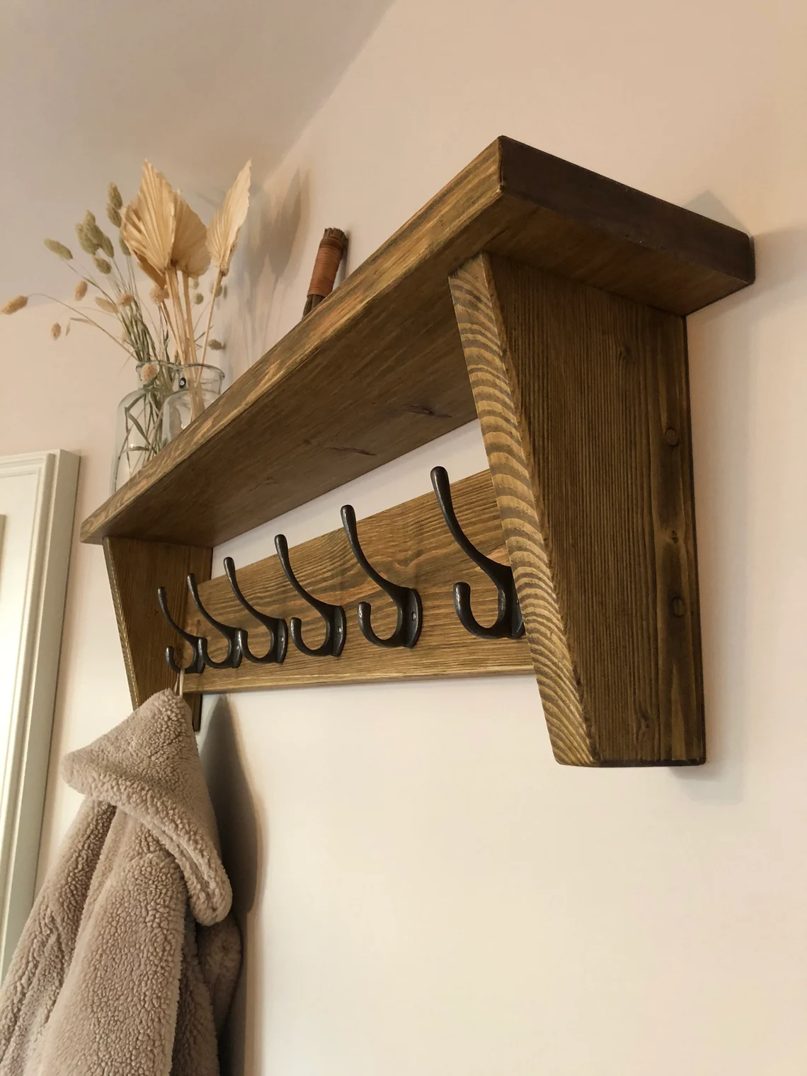 Chunky, Rustic Coat Rack Shelf - Wood with strong Cast Iron Hooks