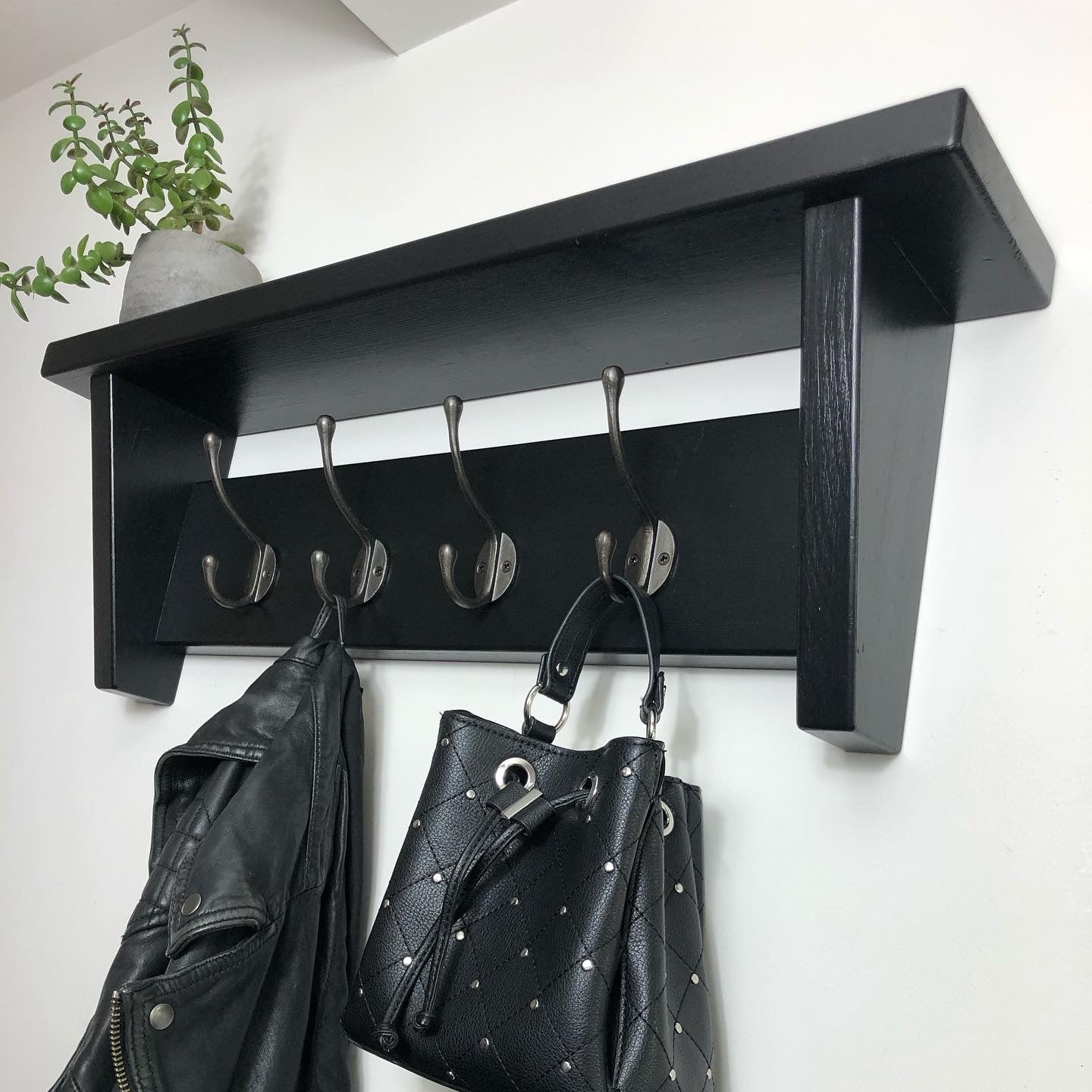 Black Coat Hook Shelf - Strong Wooden Shelf with Solid Cast Iron Hooks- Entryway/Hallway/Kitchen