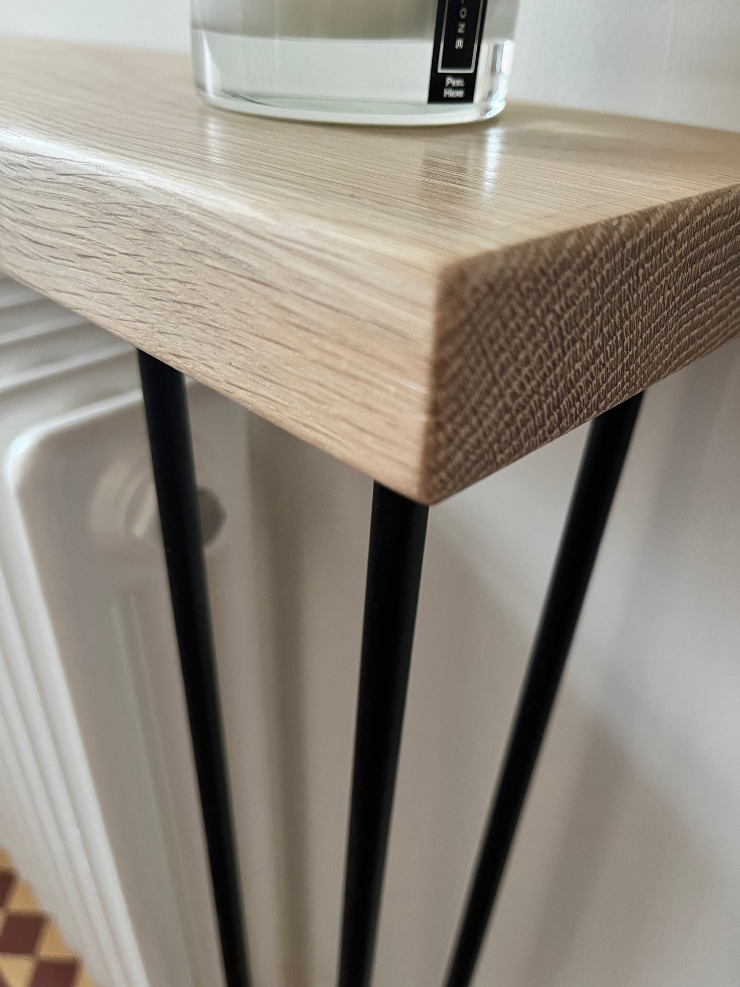 Solid Oak Console Radiator Table with Black Hairpin Legs