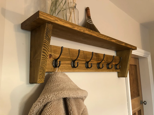 Chunky, Rustic Coat Rack Shelf - Wood with strong Cast Iron Hooks