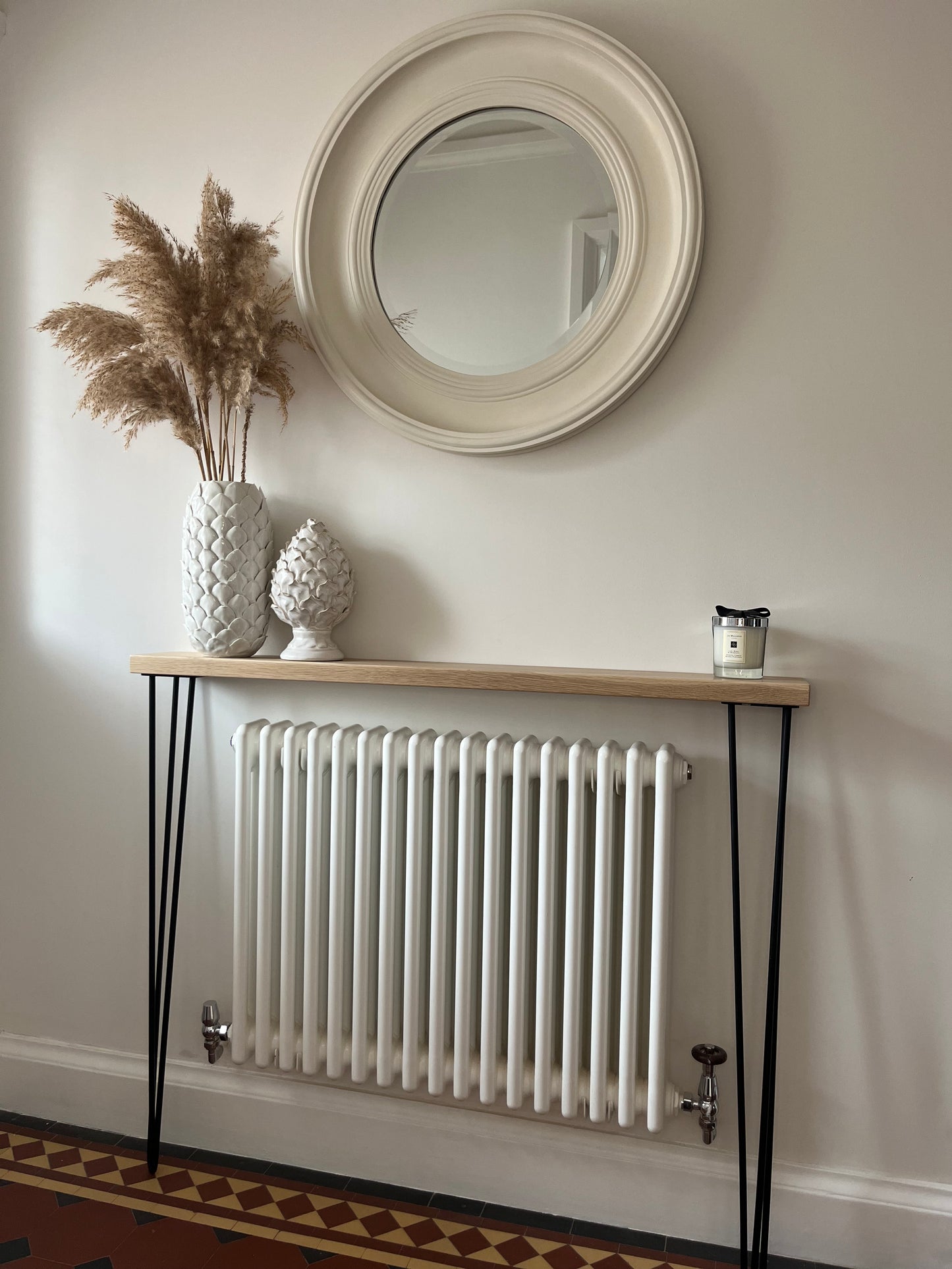 Solid Oak Console Radiator Table with Black Hairpin Legs