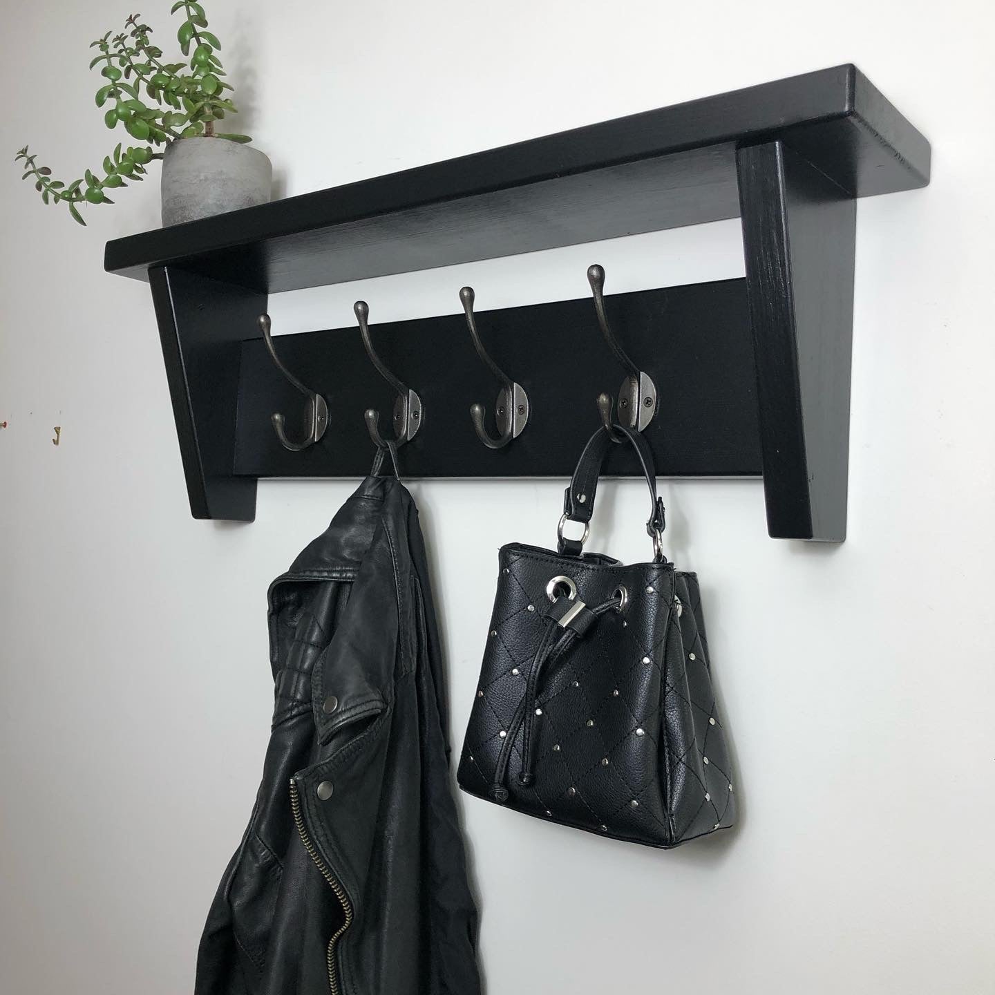 Black Coat Hook Shelf - Strong Wooden Shelf with Solid Cast Iron Hooks- Entryway/Hallway/Kitchen