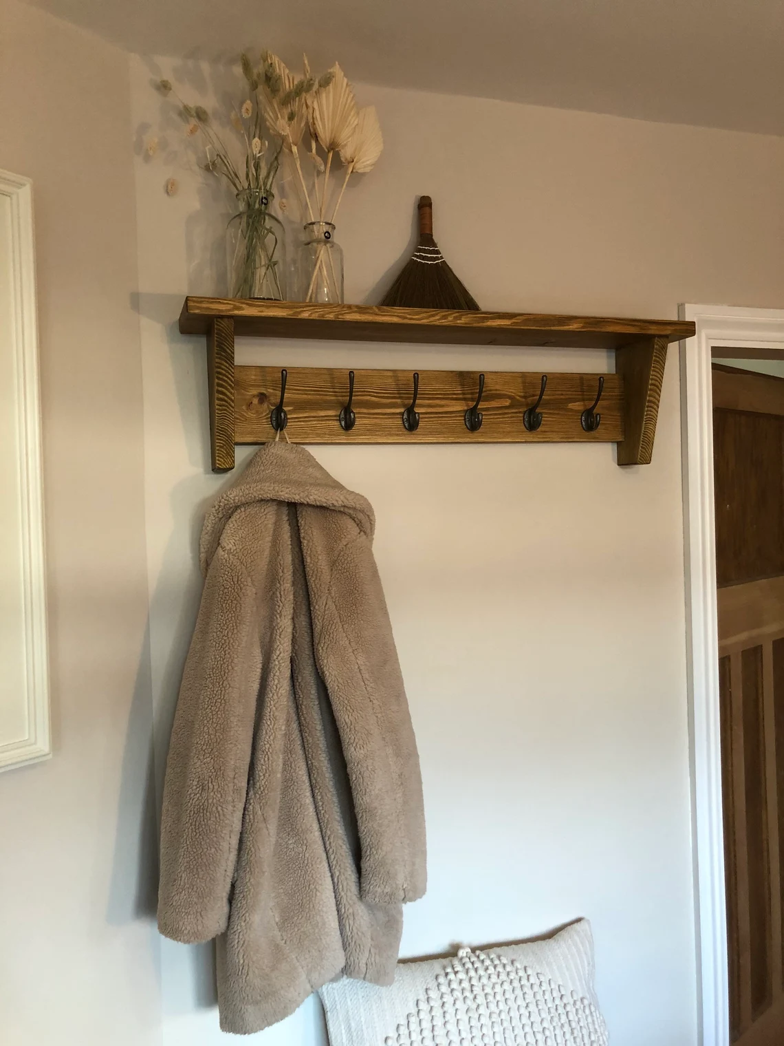 Chunky, Rustic Coat Rack Shelf - Wood with strong Cast Iron Hooks