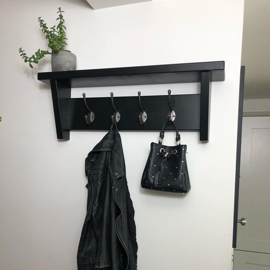 Black Coat Hook Shelf - Strong Wooden Shelf with Solid Cast Iron Hooks- Entryway/Hallway/Kitchen