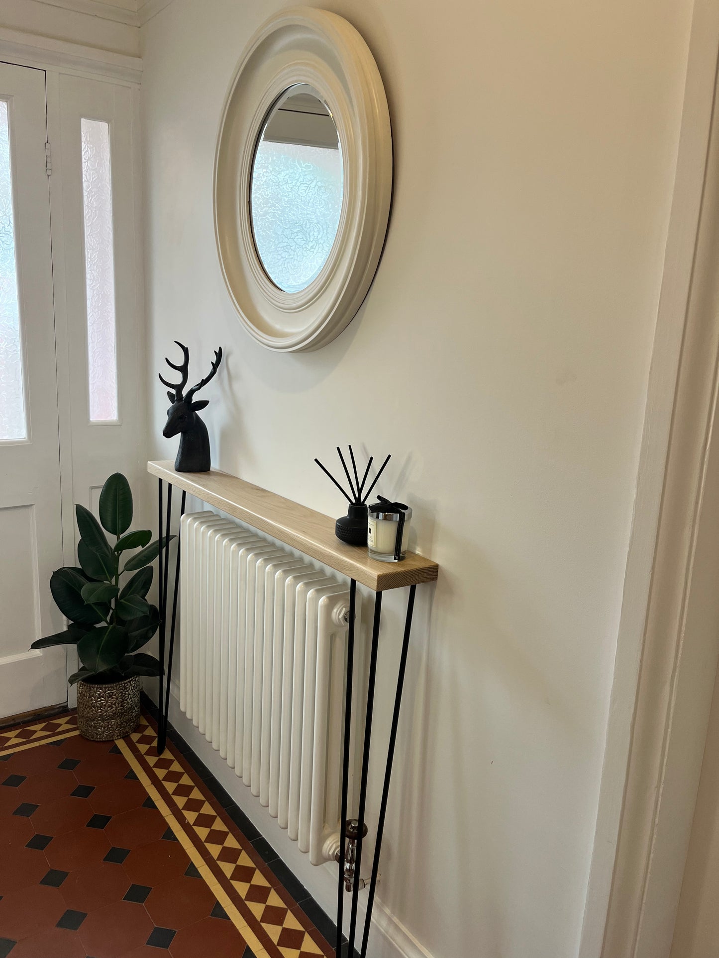 Solid Oak Console Radiator Table with Black Hairpin Legs