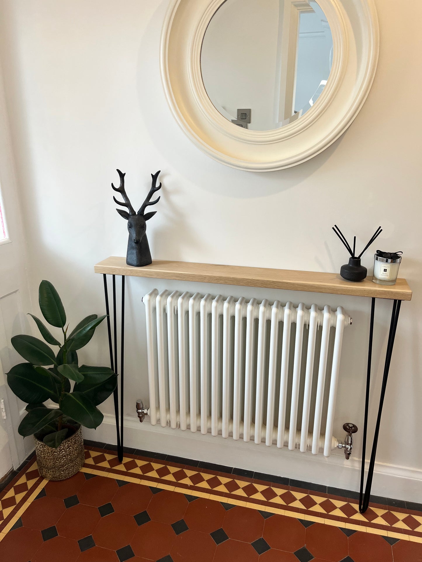 Solid Oak Console Radiator Table with Black Hairpin Legs