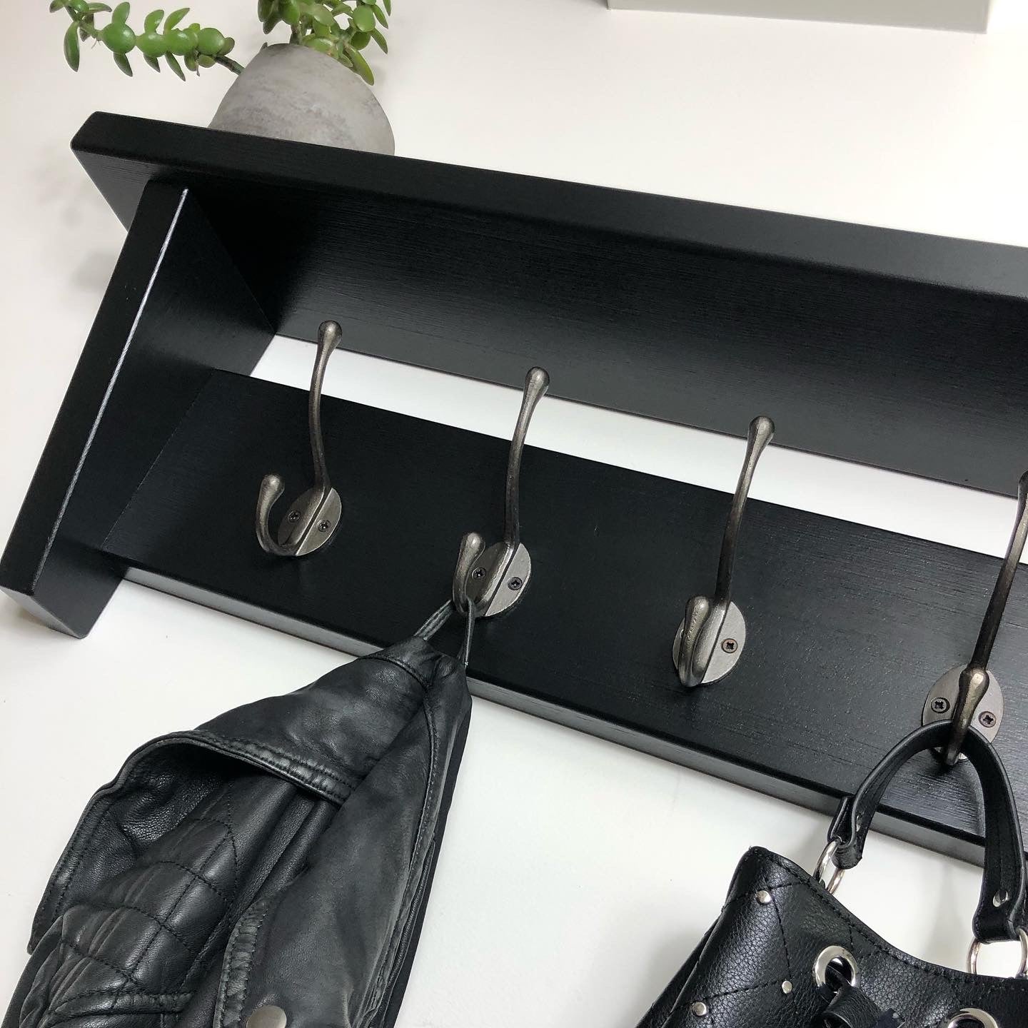 Black Coat Hook Shelf - Strong Wooden Shelf with Solid Cast Iron Hooks- Entryway/Hallway/Kitchen