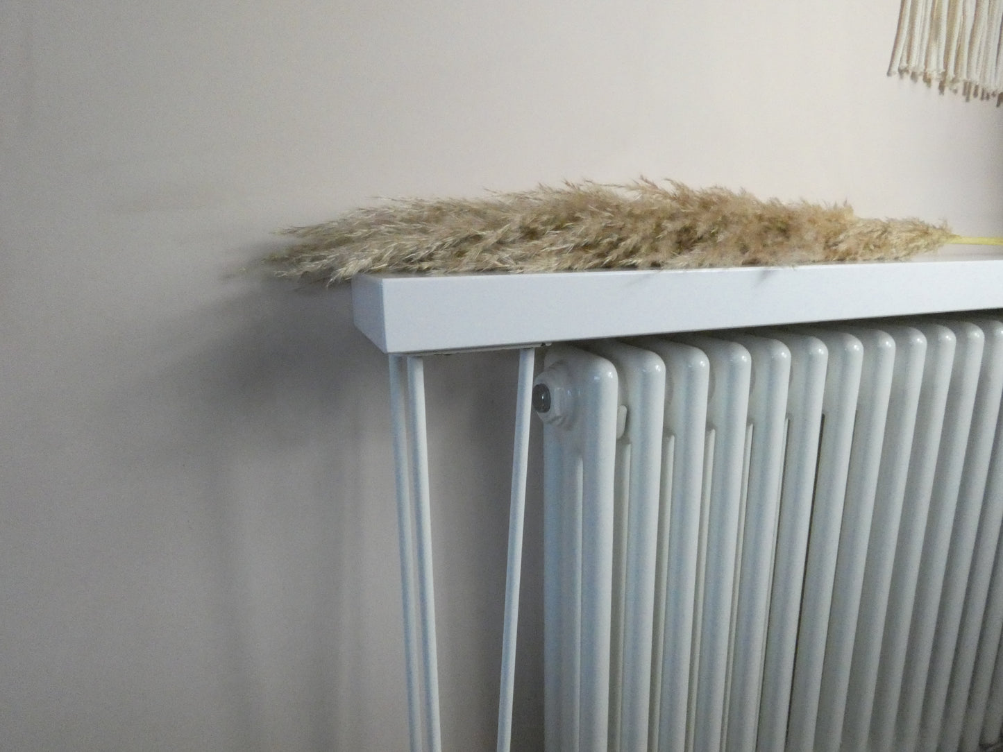 Console Radiator Table with White Hand Painted High Gloss Top and Hairpin Legs