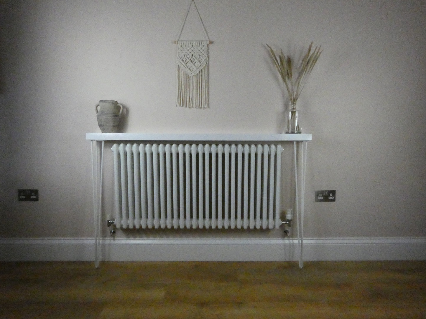 Console Radiator Table with White Hand Painted High Gloss Top and Hairpin Legs